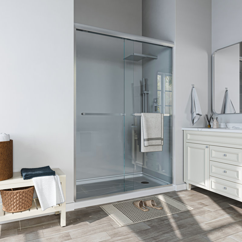 46 po à 48 po X P 72 po H Porte de douche coulissante encadrée avec verre transparent, Nickel brossé