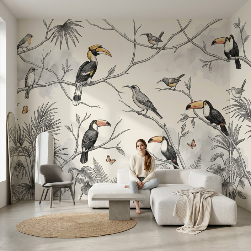 Papier peint oiseaux tropicaux, oiseaux exotiques, oiseaux de la jungle, 200 po x 120 po, Texturé non collé