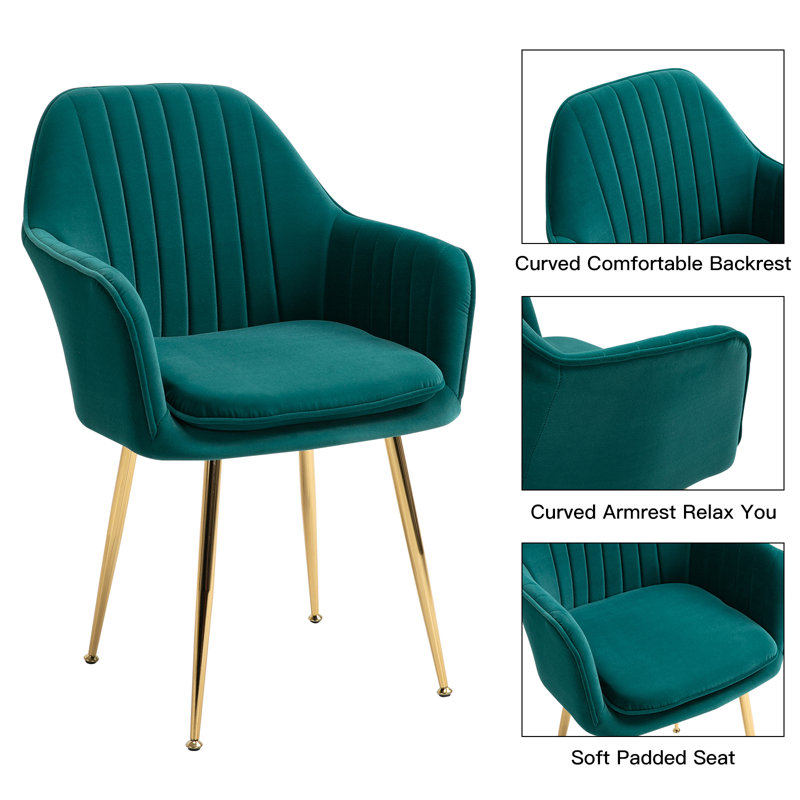 Green Velvet Upholstered Arm Chair with Gold Metal Legs, Set of 4