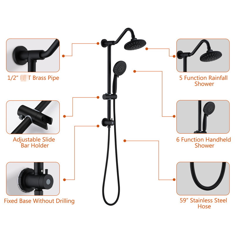 6 Inch Rain Shower Head With Handheld, Matte Black System, 2.5 Gpm, Adjustable Slide Bar, Corrosion , Enhanced Experience Bathroom Shower, Aesthetically