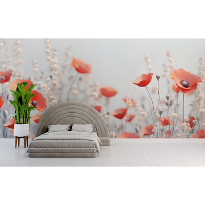 Ethereal Wildflower Meadow Wallpaper – Red Poppies In Soft Field – Elegant Botanical Wall Art – Peel & Stick – Living Room Or Bedroom Decor