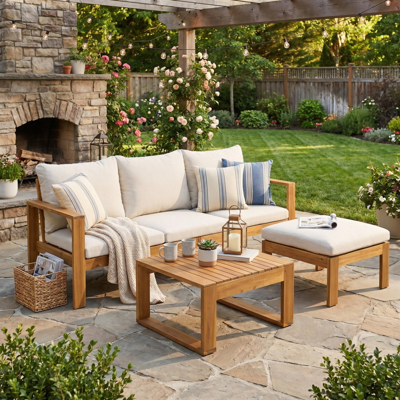 Ensemble de meubles en bois d'acacia 3 pièces, canapé de conversation avec table basse et repose-pieds, ensemble de canapé d'extérieur 3 places pour balcon de jardin