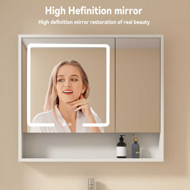 Armoire de rangement de salle de bain avec miroir à DEL et miroir de meuble-lavabo avec éclairage à DEL 32 po x H 28 po, Kaki