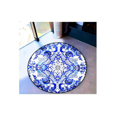 Round Blue Patterned Woven Base Decorative Machine Washable Rug