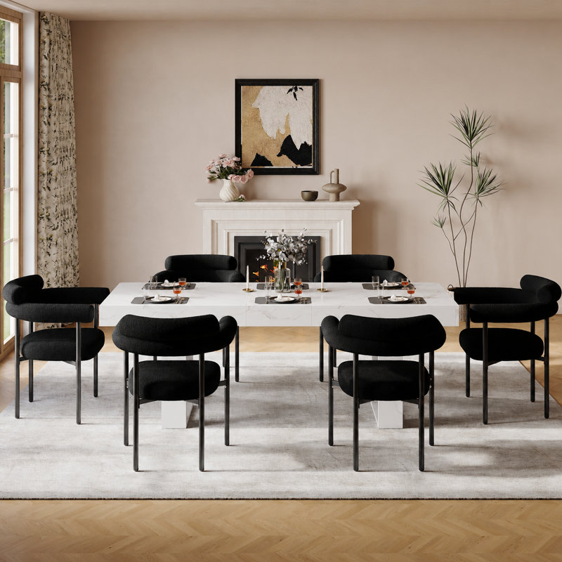6 - Person Dining Table Sets With Rectangular Extendable Dining Table & 6 Upholstered Chairs, White/White