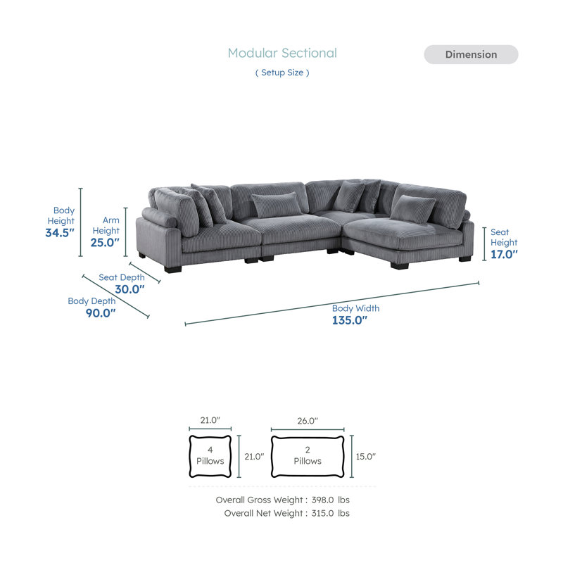 Brinsley 135”W Modern Track Arm Modular Sectional Sofa