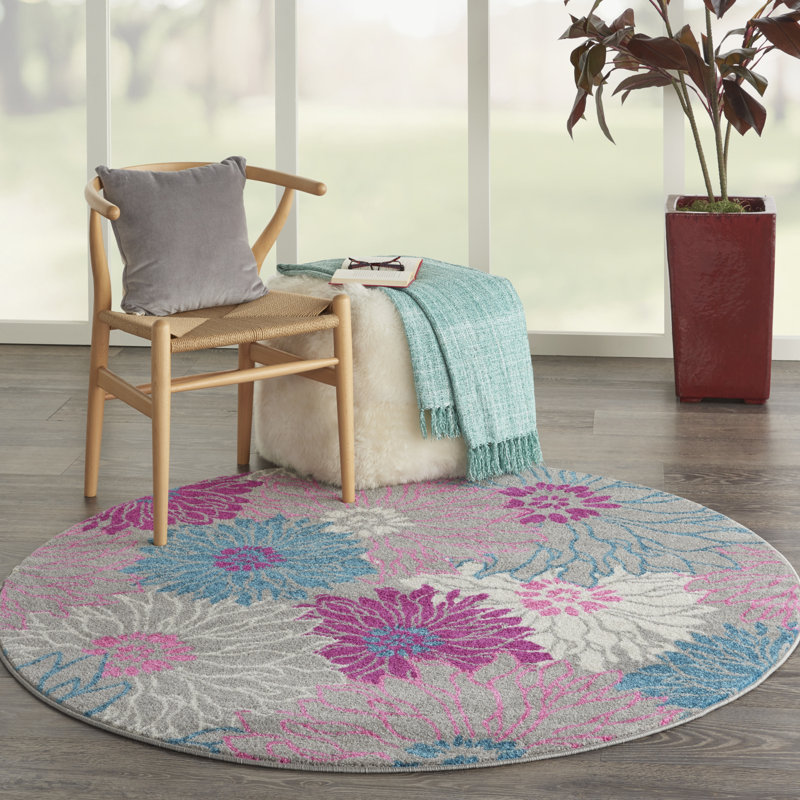 Tapis gris / rose / bleu à motif floral Carollee, Rond 4 pi