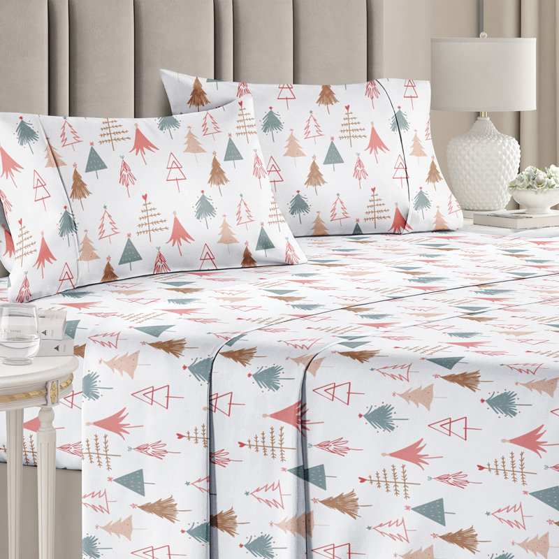 Christmas Sheet Set, Festive Holiday Bedding, Soft & Cozy, Wrinkle Free Bed Sheets, King Sheet Set + 2 Pillowcases, Trees 2
