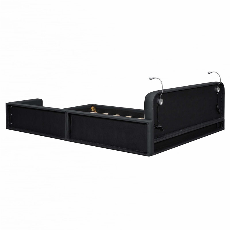 Grand lit plateforme tapissier avec 2 lampes de lecture, Noir