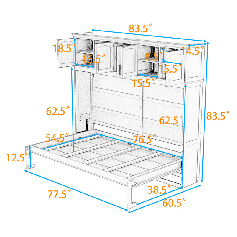 Lit escamotable avec tablettes confort peu encombrantes, Blanc, Double