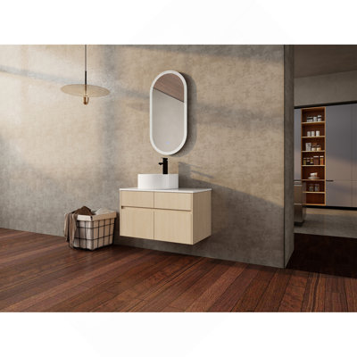 Meuble-lavabo mural 32 po avec lavabo en céramique et panneau plat en PVC, 2 portes à fermeture douce et 1 tiroir, panneau de particules