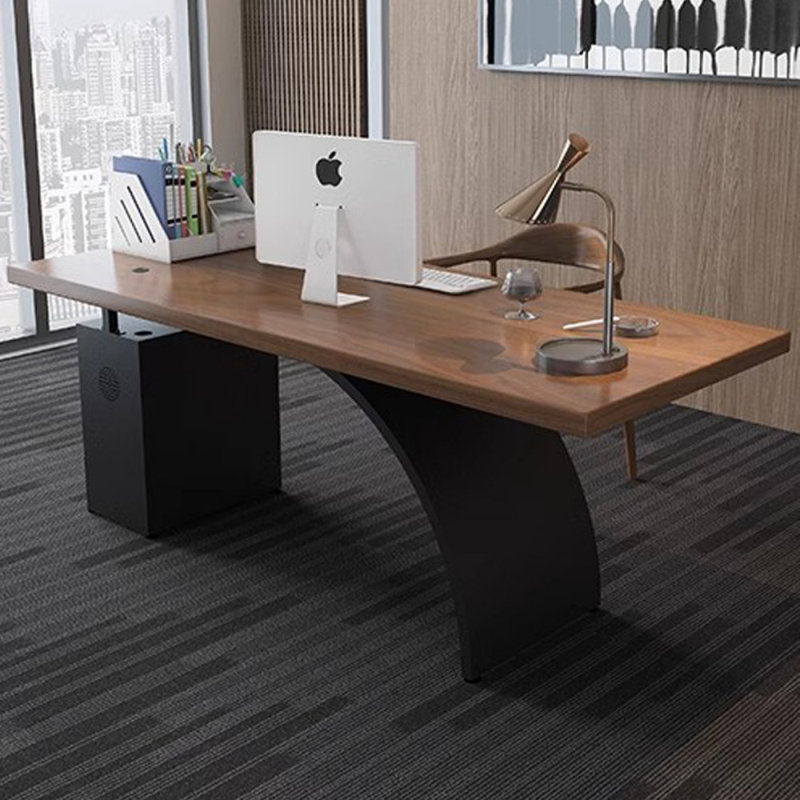Brown+Black Rectangular Solid Wood+Iron desks, 29.53" H x 55.12" W x 27.56" D