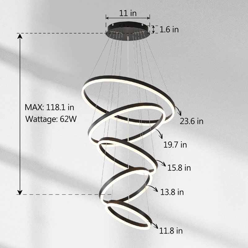 Lustre moderne à anneaux DEL, lustre doré à 5 anneaux pour hauts plafonds, suspension à intensité variable pour hall d'entrée, escalier ou salon.