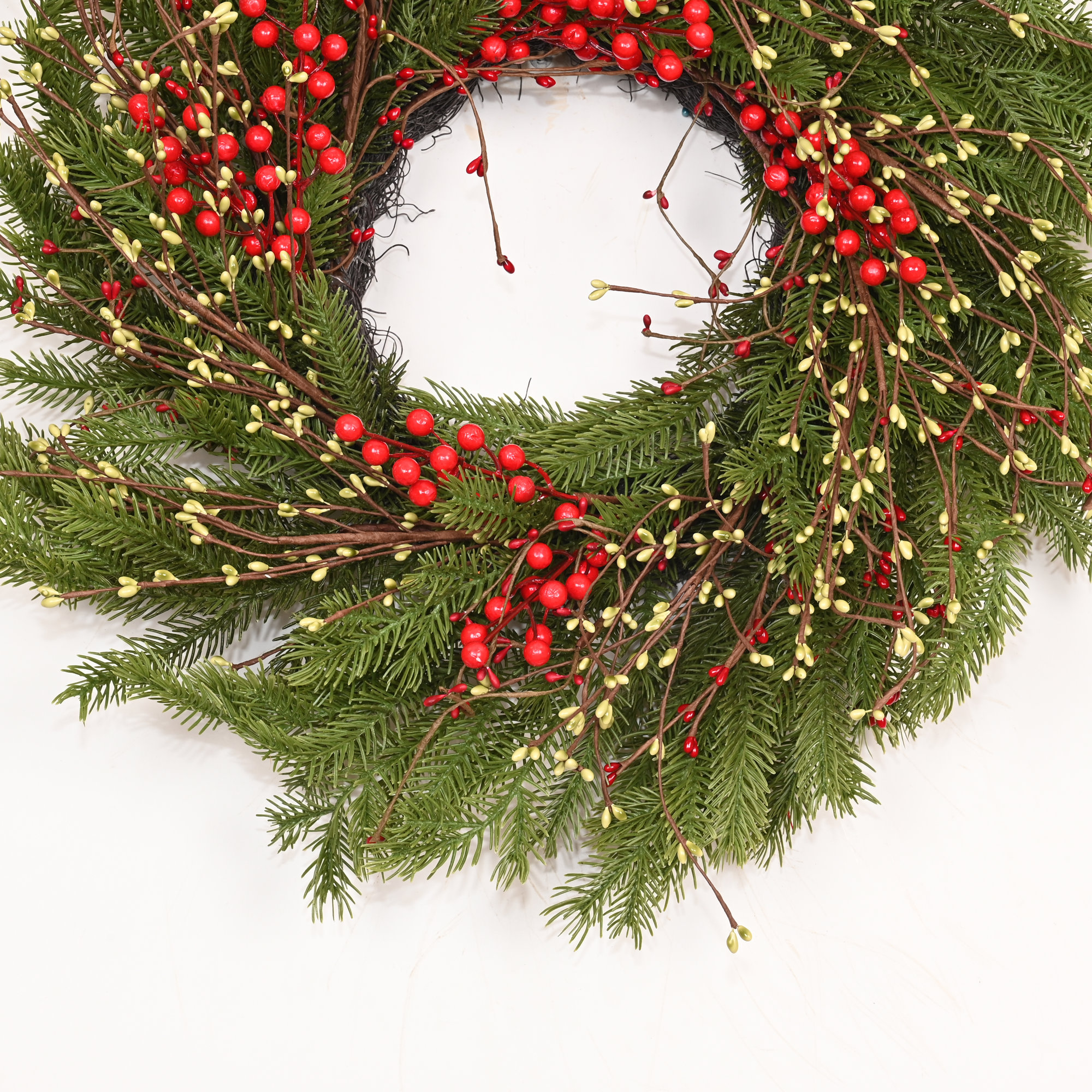 24" Artificial Farmhouse Twig Christmas Greenery Pine Needles Red Berries Winter Front Door Wreath, Green/Red