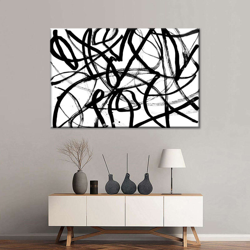 Abstrait noir et blanc sur toile, H 16 po x l 24 po x P 1,25 po