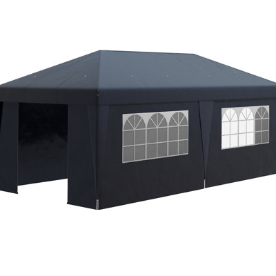 Large Outdoor Canopy Tent - 10' X 19.5' Dark Blue With Sidewalls Height Adjustable Double Doors Wheeled Carry Bag Pop Up Customizable For Garden & Patio Drainage Holes Powder-Coated Steel Frame