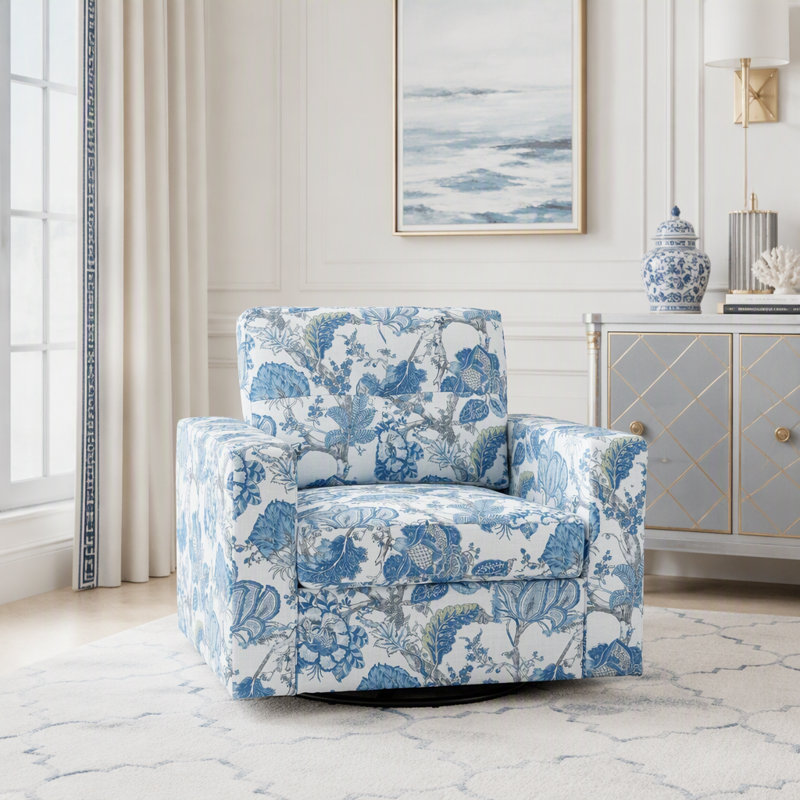 Fauteuil pivotant à 360 degrés à motif floral avec dossier capitonné, Tissu bleu
