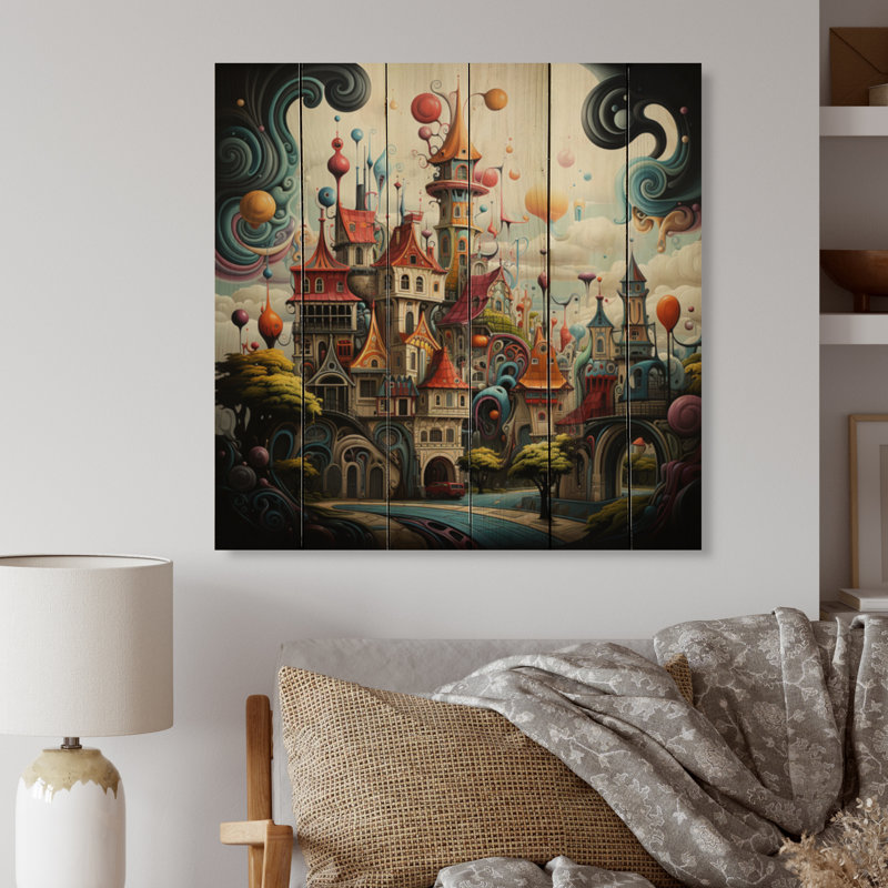 Château de rêve I - impression de châteaux sur bois de pin naturel, H 30 po x l 30 po x P 0,78 po