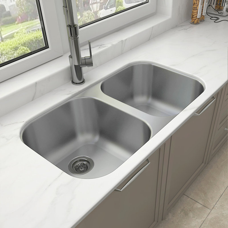 Évier de cuisine à double cuve encastrable 32 po x 18 po avec finition en acier inoxydable 304 de calibre 18 Sinber