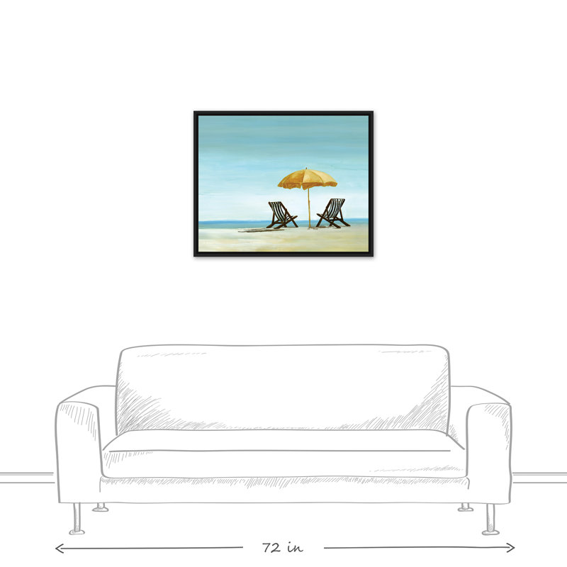 « beach chaises under jaune parasol », peinture à l’acrylique sur toile en bleu, H 16 po x l 20 po, Cadre noir