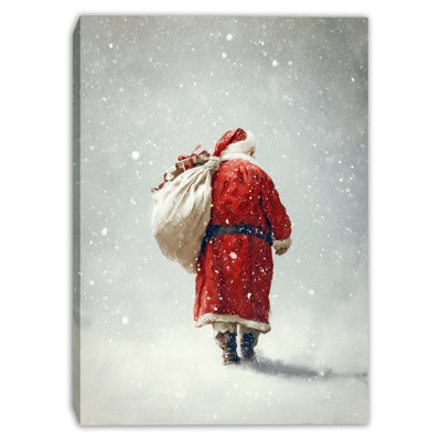 Père Noël marchant dans la neige tombante, art mural sur toile