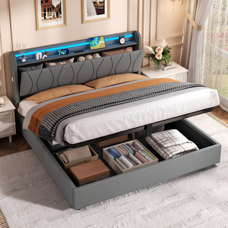 Upholstered Ottoman Storage Bed, Grey