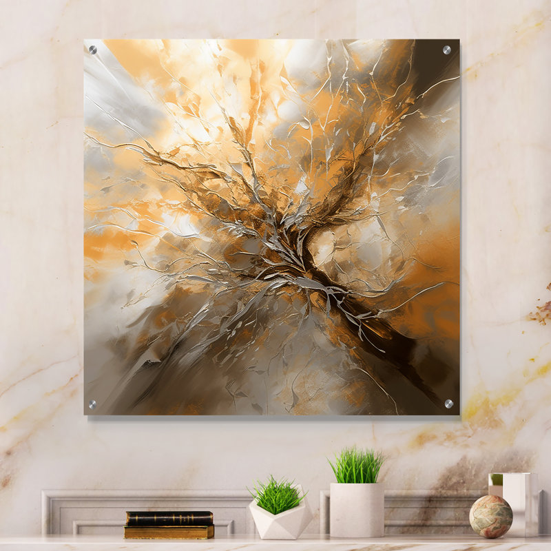 Kynden - Art mural abstrait acrylique abstrait doré et argent, H 16 po x l 16 po