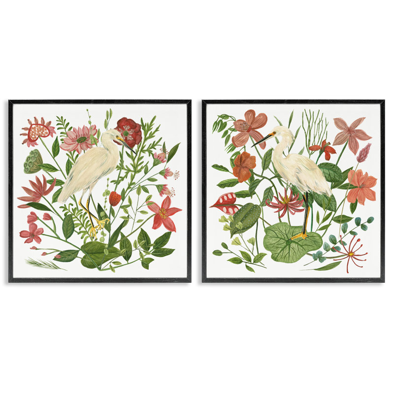 «Egrets Color Pop Flowers», ensemble de 2 giclées par Melissa Wang, H 12 po x l 12 po, Giclée encadrée noir minuit