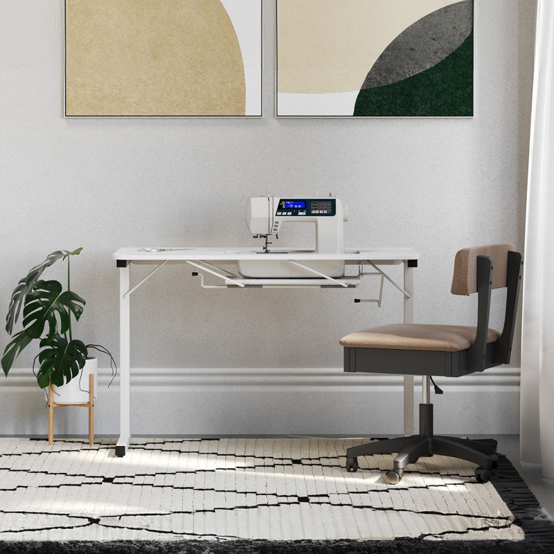 White Folding Sewing Table with Manual Lift and Steel Legs