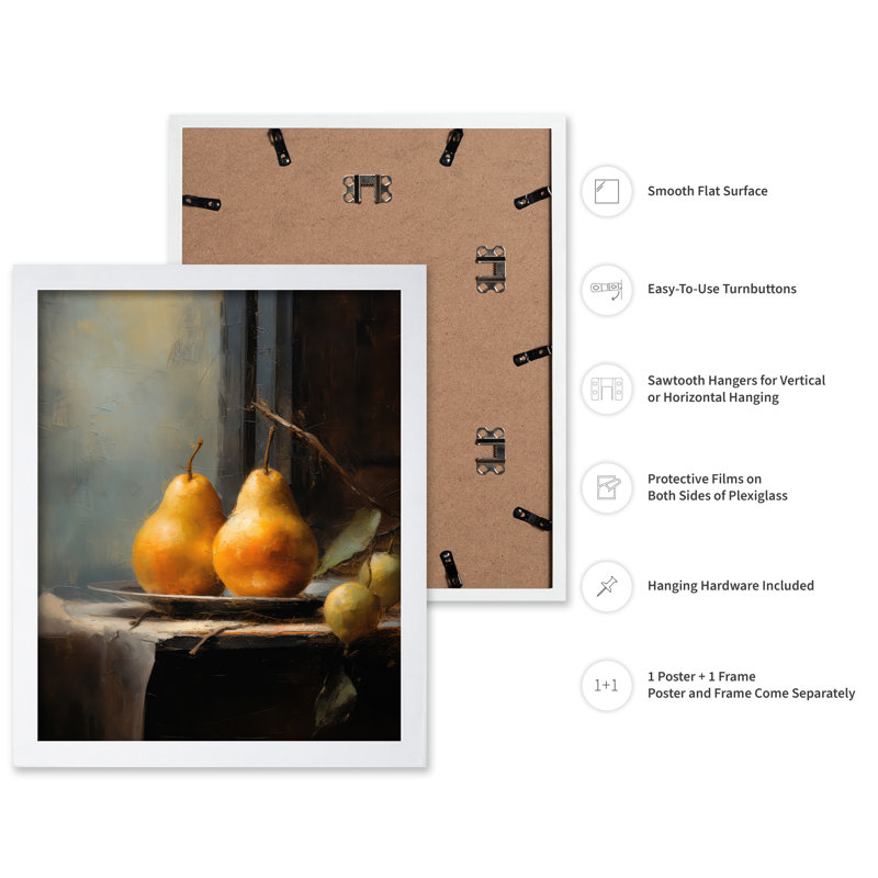 Poires sur une assiette, H 08 po x l 10 po, Affiche, Encadrement blanc