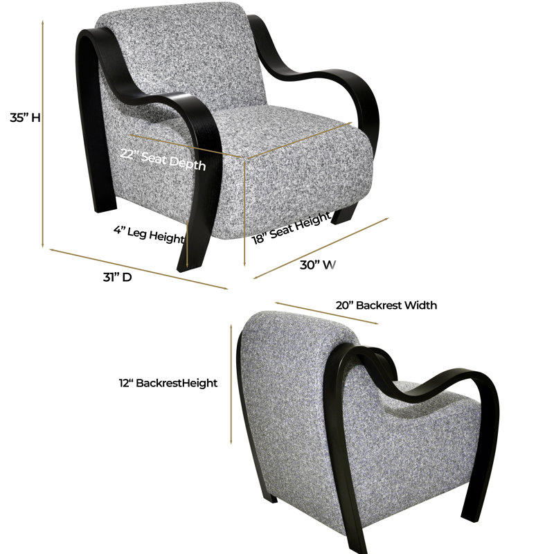 Chaise d'appoint Curva Luxe - Revêtement en tweed texturé avec accoudoirs sculpturaux en bois courbé , Noir, Bois noir mat