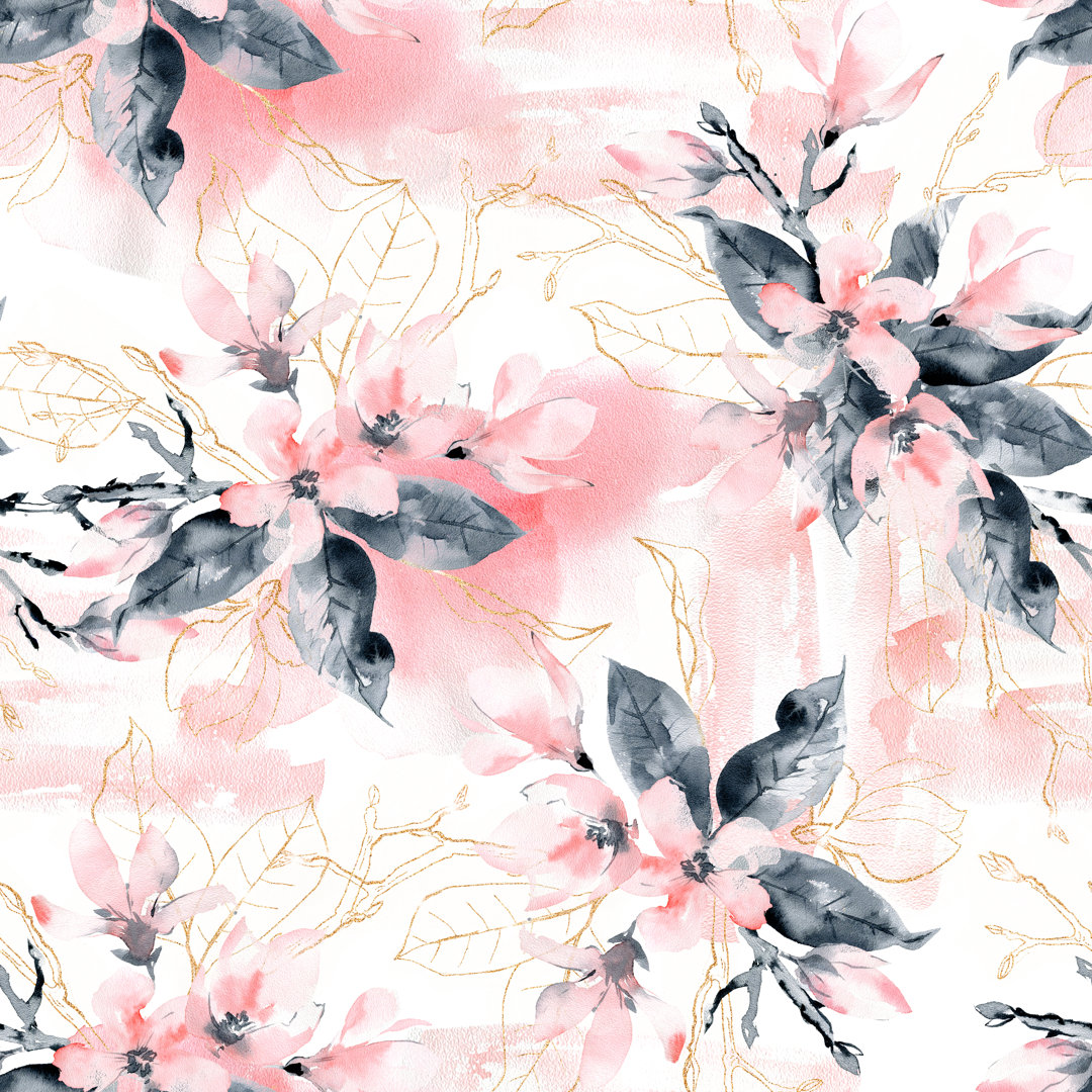 Tiro Seamless Pattern With Flowers And Leaves. Pink Magnolia Flowers And Black Leaves And Branches. by Dinkoobraz - Wrap...