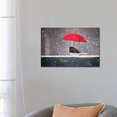 Junco And Red Umbrella by Karen Burke - Wrapped Canvas Print
