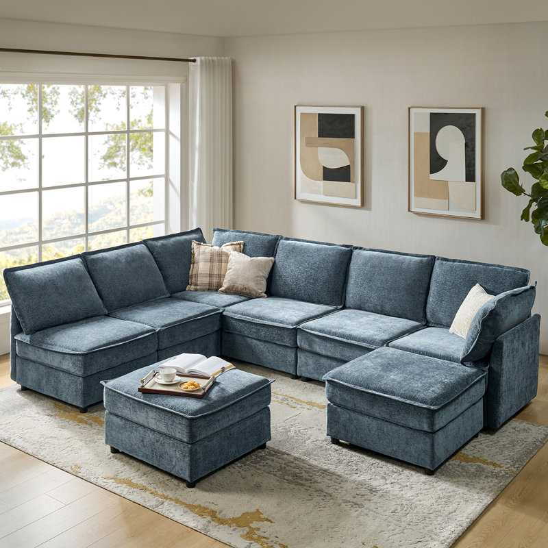 Talani Modern 8 Seater Slipcovered Corner Sofa with Hidden Storage, Blue