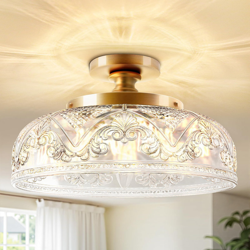 Semi Flush Mount Ceiling Light, 12 Inch Large Gold Ceiling Light Fixture, 3-Light Globe Glass Farmhouse Kitchen Lighting Fixtures (Bulb Not Included)