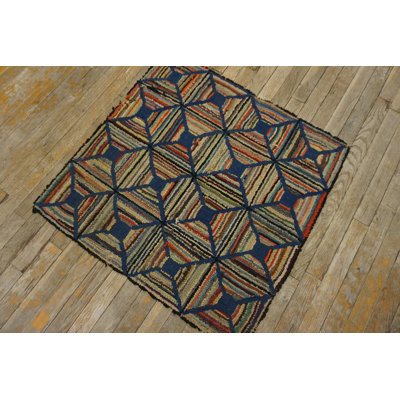 Antique Allover Geometric Wool Hooked - Loop Pile Multicolor Jewel Tones 1900s Rug