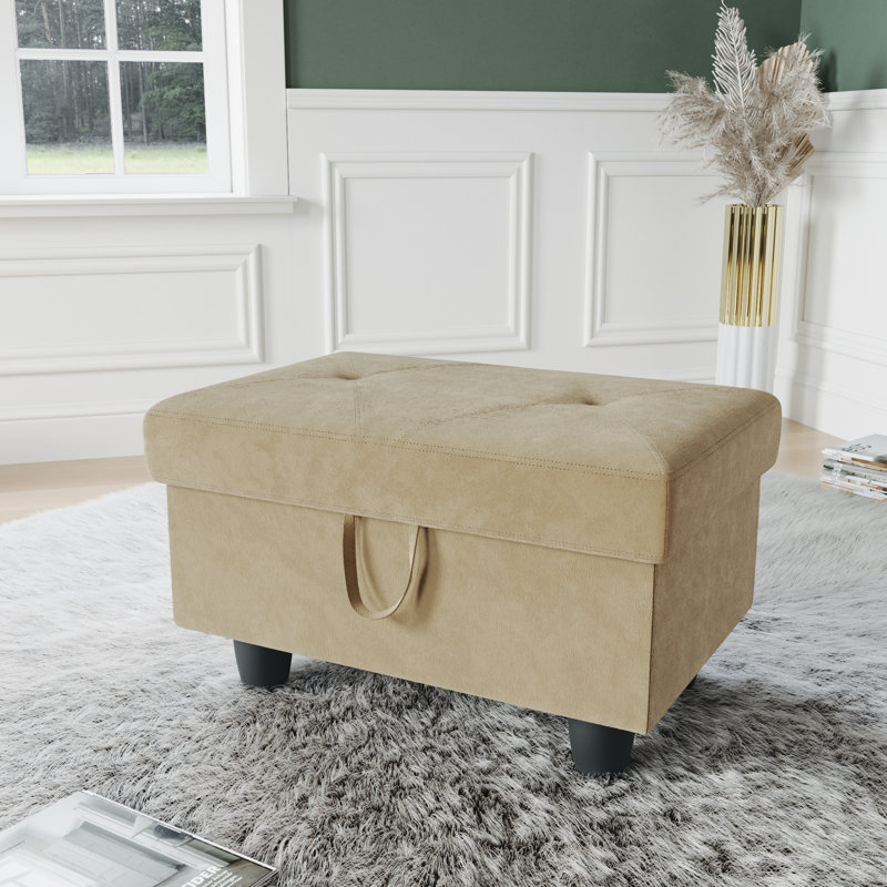 Keevha 28.5''Wide Rectangle Solid Colour Storage Ottoman, Beige Microfiber / Microsuede