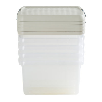 Wham Clip 5x 9L Square Plastic Storage Boxes with Secure Clip Lock Lids. L:29 x W:29 x H:15.5cm Clear/Green Milieu/Stone