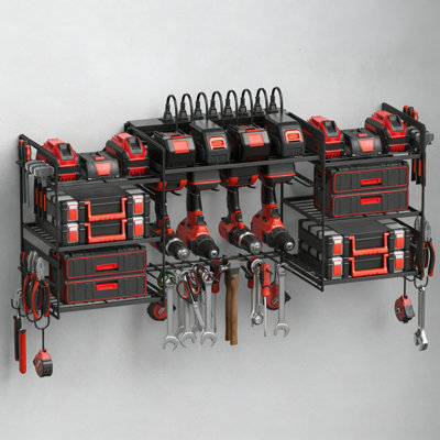 Wall-Mounted Power Tool Organizer With Charging Station - Metal Rack For Drills, Batteries & Accessories