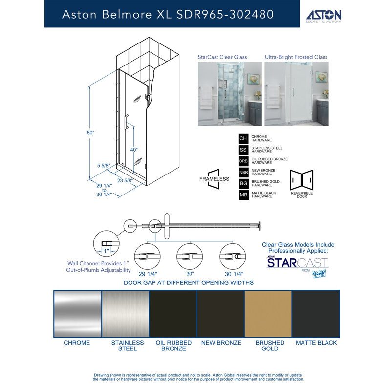 Belmore XL 29.25 - 30.25 in. x 80 in. Frameless Hinged Shower Door with Ultra-Bright  Glass, Bronze, Clear Glass