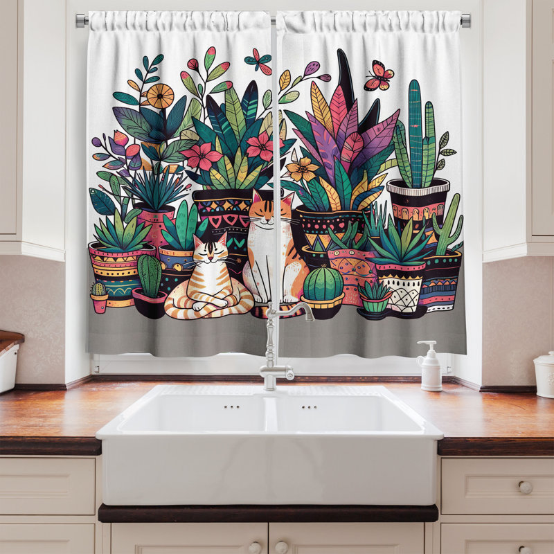 Cat 55'' W Kitchen Curtain Multicolor, 55" W x 30" L