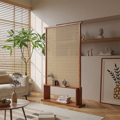 1 Panels Brown Solid Wood+Rattan  Room Divider