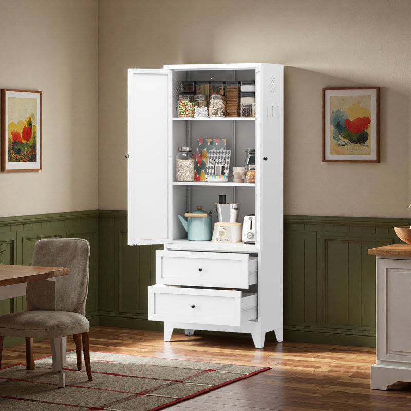 Armoire garde-manger blanche 72 po avec 2 tiroirs, armoire de rangement autoportante avec tablettes réglables, rangement robuste pour épices, vaisselle, petits électroménagers de cuisine, garde-manger, salle à manger