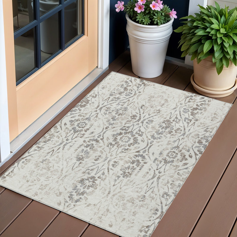 Tapis extérieur lavable floral ivoire et brun 3 pi x 5 pi