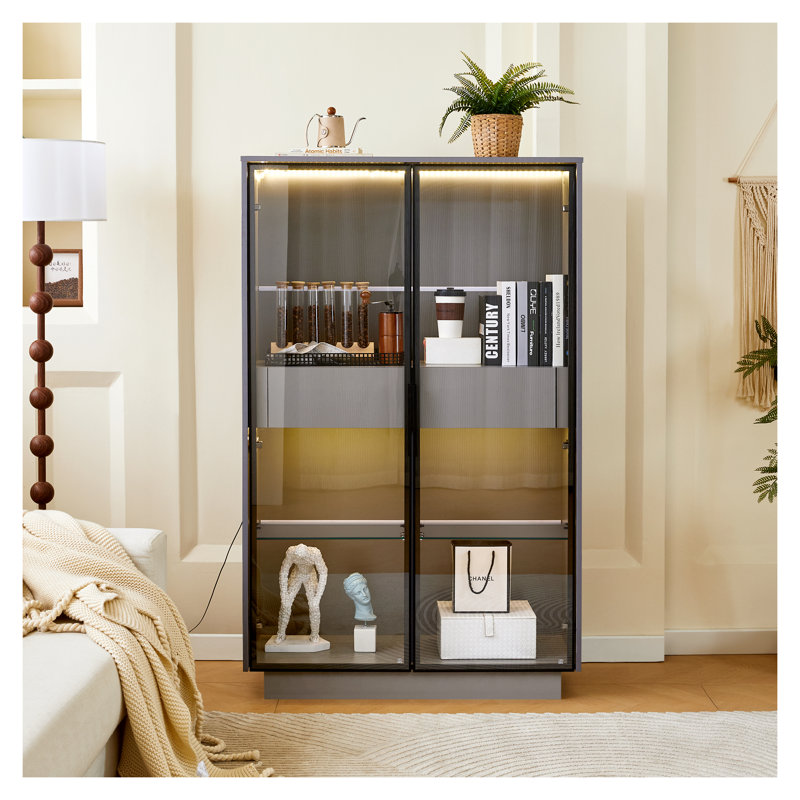 Vitrine 60,6 po à porte vitrée autoportante avec éclairage DEL, tablettes réglables et 2 tiroirs de rangement - Bibliothèque grise pour le salon, le bureau, la cuisine