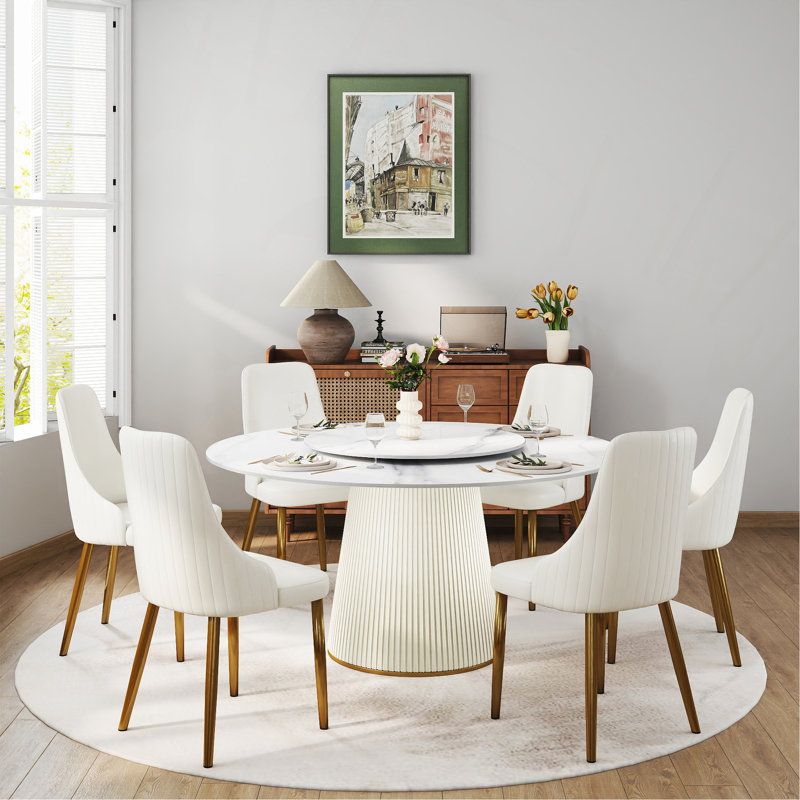 Table de salle à manger moderne 59,05 po en pierre artificielle blanche pouvant accueillir 8 personnes -Table tournante en pierre artificielle blanche 31,5 po