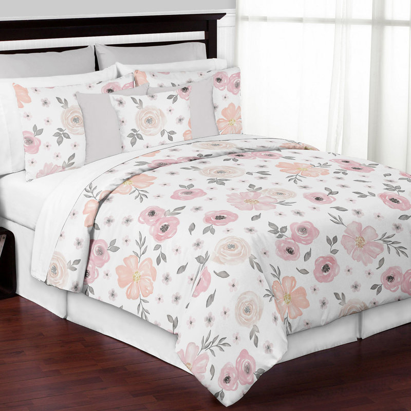 Blush Pink and Gray Floral Microfiber Full Comforter Set