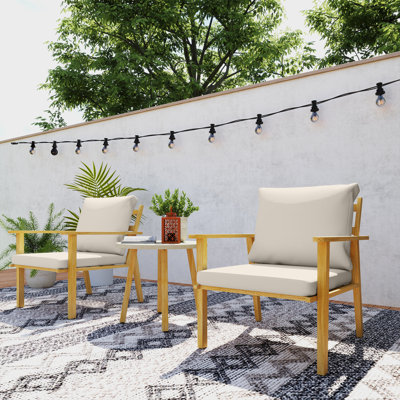 Ensemble bistro pour 2 personnes avec coussins, ensemble bistro extérieur, ensemble de patio en métal effet bois blanc crème