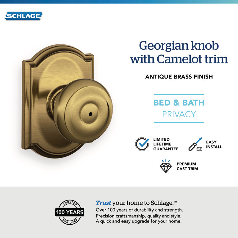 Georgian Privacy Knob with Camelot Trim, Antique Brass