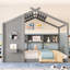 Lit double pleine grandeur à plancher gris avec tablette de rangement, toit et espace d'imagination, expérience de maison de jeu-129982889-129982892